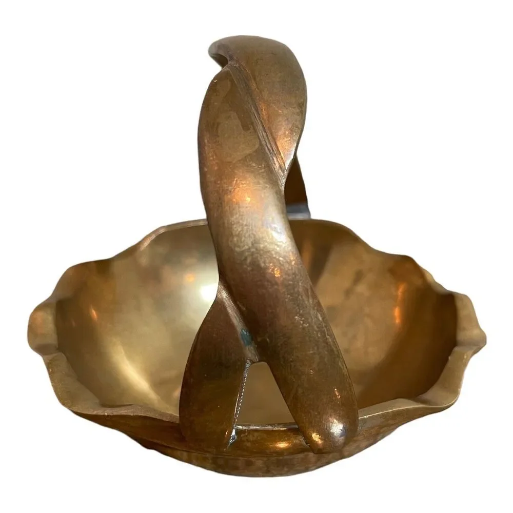 VTG Basket Twist Handle 4 inch Scallop‎ Footed Dish Trinket Solid Yellow Brass